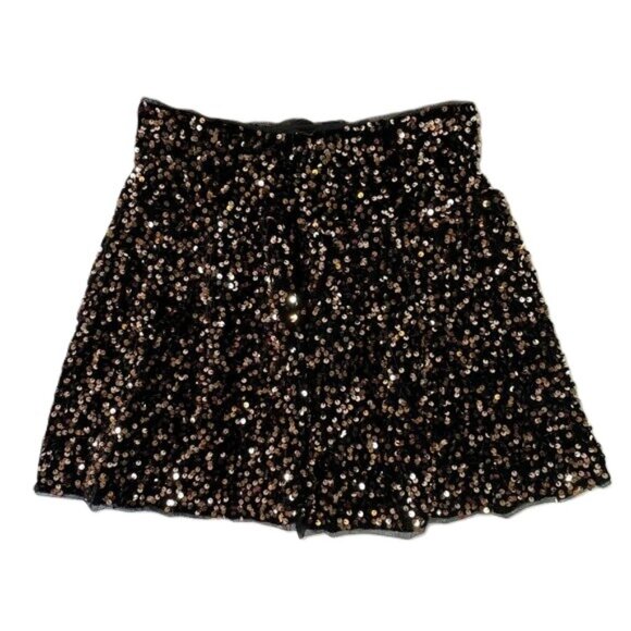 Zara Sparkly Sequins Skirt Black Gold Back Zipper Lined Girl's Size 13 / 14 - Picture 1 of 11